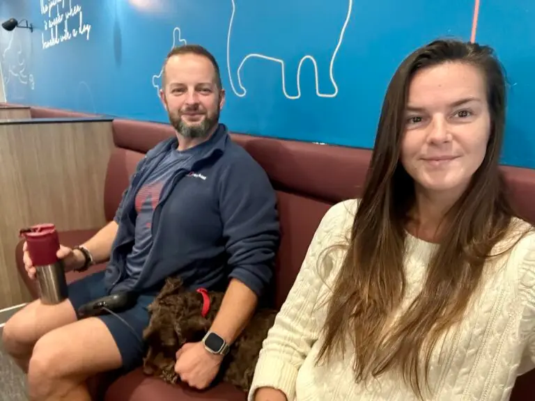 Enjoying the pet lounge on the Ferry from Dover to Calais.
