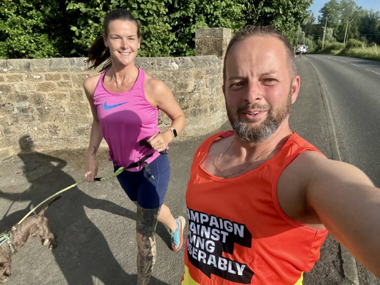 Stephen and Terri in running kit during their Kielder Water challenge